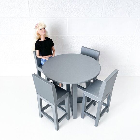 Miniature Barbie Gray Bistro Table 4 Chairs 3D Printed Dollhouse Furniture - Picture 1 of 5